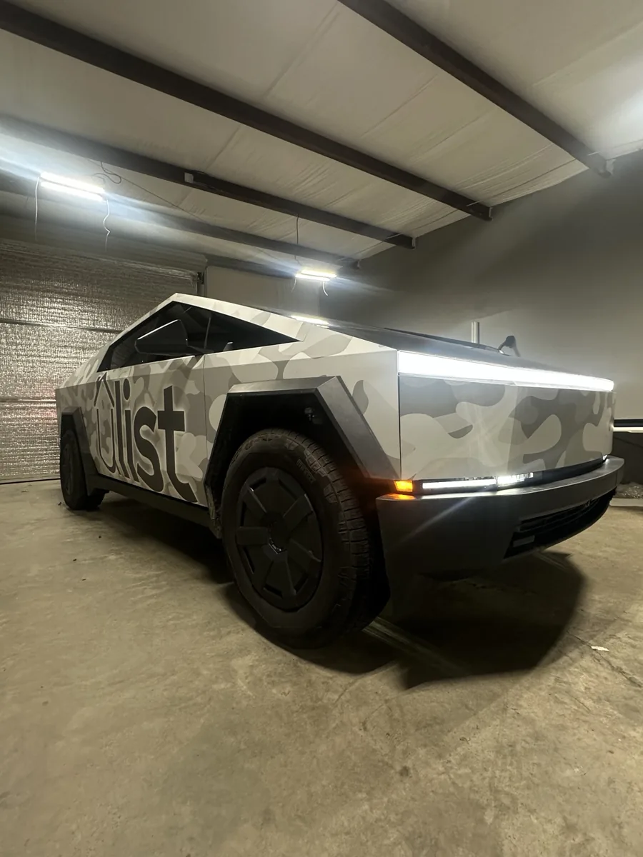 Commercial camouflage Cybertruck wrap by Graphic Innovations